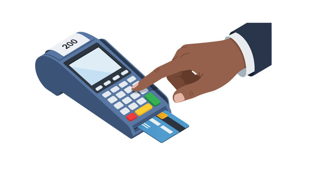 Isometric Vector Illustration of a Hand Using a POS Terminal for Credit Card Payment