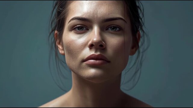 Young woman portrait with soft dramatic moody lighting face and neutral expression showcasing