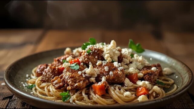 Hearty spaghetti meatball pasta with crumbled cheese, tomato parsley garnish, savory comfort meal