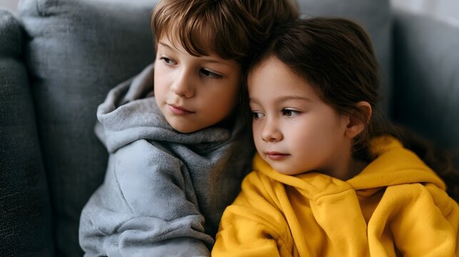 A heartwarming side view photograph capturing a group of siblings intimately cuddling on a sofa evoking strong feelings of warmth and comfort