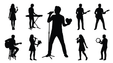 Fototapeta premium Black vector illustration set of musicians and singers performing musical acts on a white background