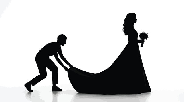 Minimalist black vector illustration showing a dedicated assistant holding the long wedding dress train elegantly