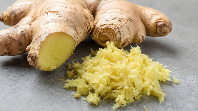Fresh ginger root and grated ginger on a gray stone surface