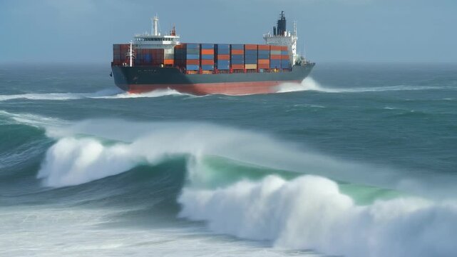 Cargo ship navigating rough seas with large waves
