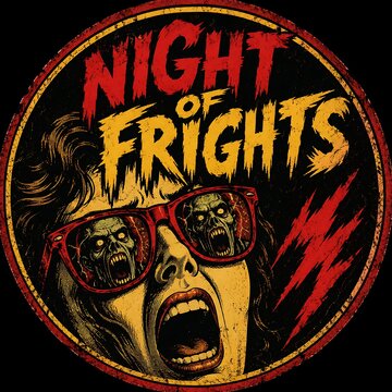 Night of Frights Halloween Badge Design with Screaming Woman and Zombie Sunglasses, Vintage Horror Vector Illustration