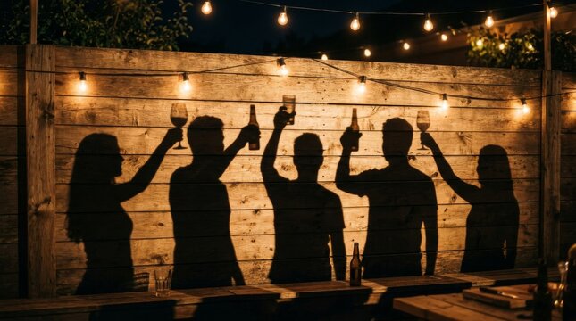 Silhouettes of friends raising drinks at night party with string lights.