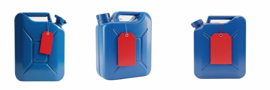 Blue jerrycans with red price tags isolated on white background, set of plastic fuel cans, liquid containers, and gas canisters with discount labels for industrial, automotive, and fuel pricing design