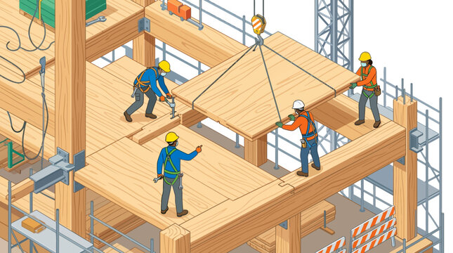 Isometric Construction Site Illustration: Workers Assembling Sustainable Mass Timber Building with CLT Panels