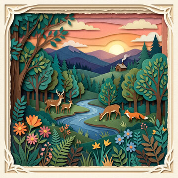 3D Layered Papercut Forest Landscape with River and Deer
