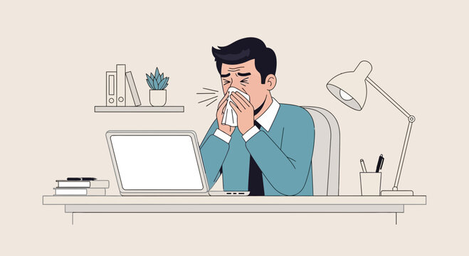 Sick Businessman Sneezing While Working At His Workspace, Office Life Illustration