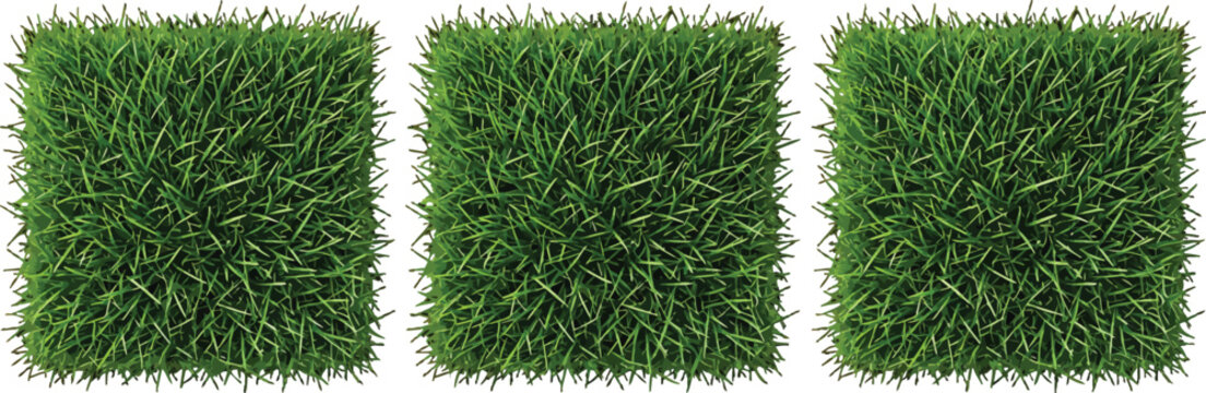 Three square patches of lush green grass isolated on a black background, top view vector illustration for landscape design and gardening concepts