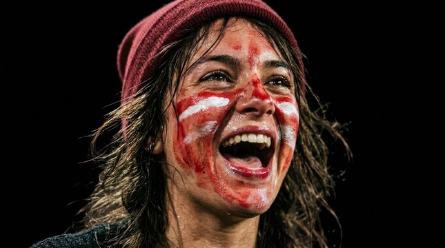 Smiling runner with painted face at intense event