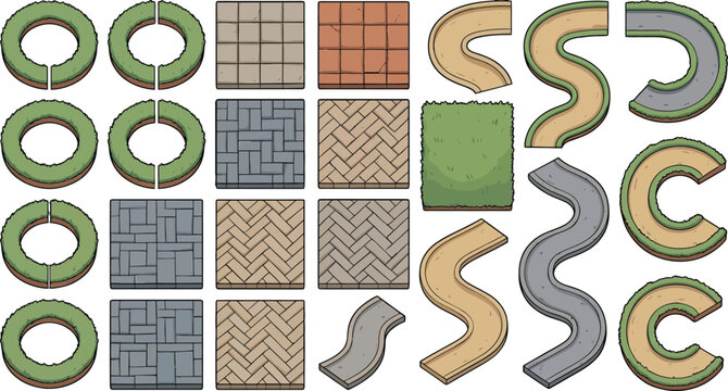 Top down isometric garden path and paving tile set with grass borders and stone walkways for game level design and architectural landscape planning