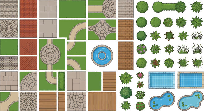 Top down landscape design elements set with paving tiles grass patches trees bushes and swimming pools for architectural site planning vector illustration