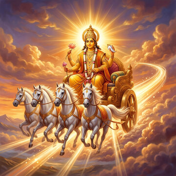 Lord Surya Dev Riding Golden Chariot with Four White Horses