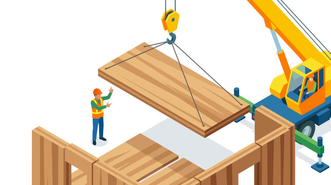 Isometric prefab wooden house construction with crane and workers