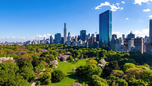 Aerial view showcases a lush park sprawling towards a gleaming skyscraper-filled cityscape