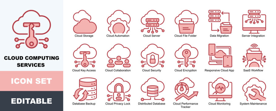 Cloud Computing Services Icon Pack Featuring Storage, Cloud Automation, Data Migration, Server Integration, Key Access, Collaboration, Security, Encryption and Responsive Cloud App