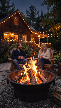 Happy Caucasian couple relaxing in wooden chairs by a bonfire at night. Cozy rustic cabin decorated with glowing string lights in the forest background.