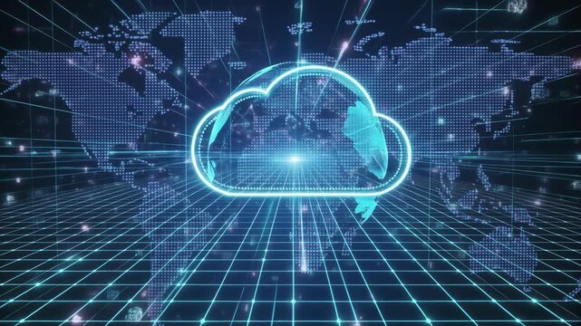 Global cloud computing technology concept with digital earth and glowing cloud icon