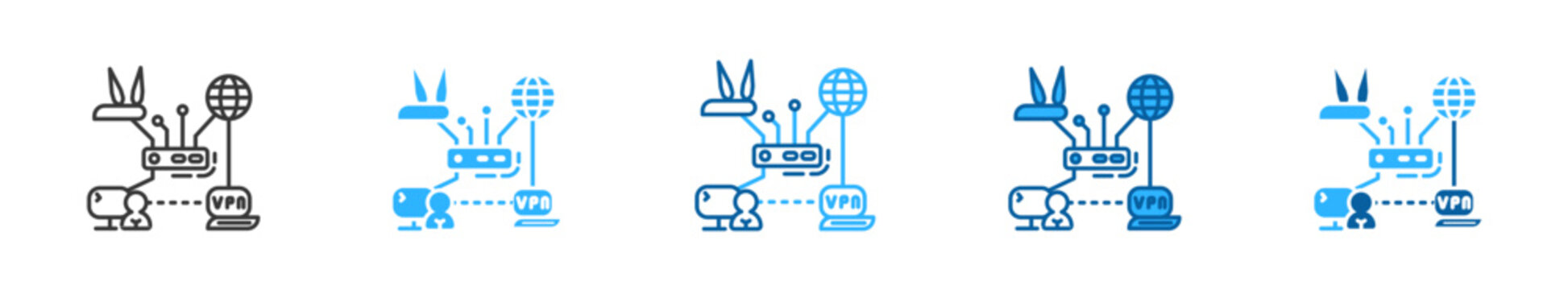 Network topology architecture diagram icon set in multiple styles. Linear and flat vectors representing lan blueprint connection and nodes scheme.