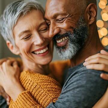 Couple shares a joyful moment while embracing each other with smiles in a cozy indoor setting during a festive season