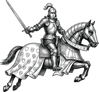 Vintage Medieval Knight on Horseback Vector Illustration Featuring Hand Drawn Warrior in Full Armor Holding Sword on Galloping Steed for Heraldic Tattoo Emblem Design