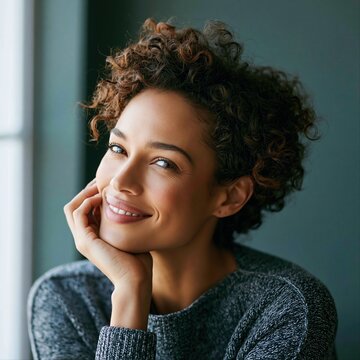 Woman is smiling while sitting near a window in a cozy room with natural light in the afternoon