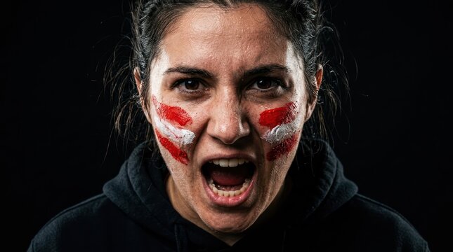 Rowdy woman with flag face paint and open-mouthed shout