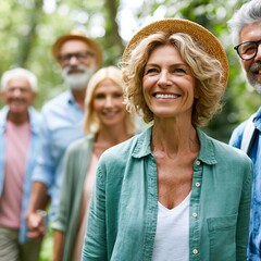 Obraz premium Group of people smiling and walking together in a forest during a sunny day