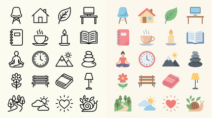 Collection of Icons Representing Cozy Home Life, Relaxation, and Nature Elements. © Farina
