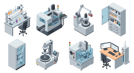 Modern Laboratory Equipment Isometric Vector Illustration Set Featuring Professional Industrial Analysis Machinery and Science Research Workspace Design © Purnomo Semlirick