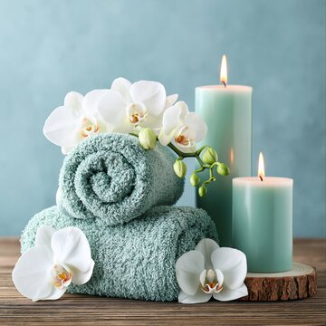 Relaxation setup with towels, candles, and flowers in a simple indoor space