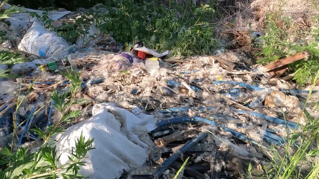 garbage in the park. garbage in the forest. natural landfills. garbage in the environment. garbage dump in the forest. garbage on the side of the road