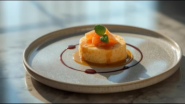 Caramel flan dessert custard with caramel sauce, citrus compote and mint, plated glossy syrup