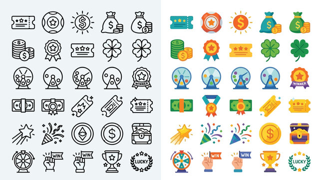 Collection of lottery and gambling icons in two styles, line art and flat design, representing luck and winning.