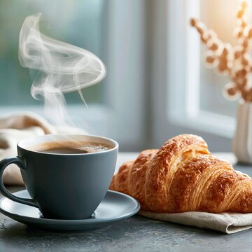 Morning coffee and croissant on a table near the window with warm light shining through in a simple kitchen setting