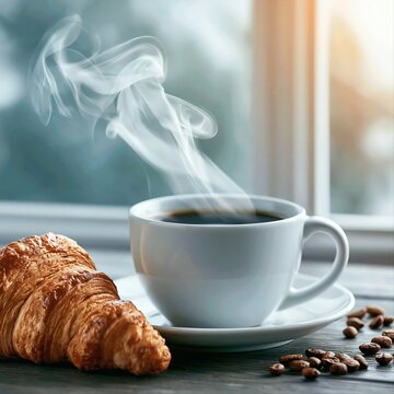 Enjoying coffee and croissant by the window on a quiet morning while steam rises from the hot drink