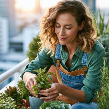 Woman waters a small plant on a balcony with city views during sunset