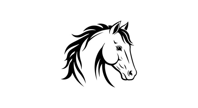Stylized black and white horse head silhouette as a bold vector emblem.