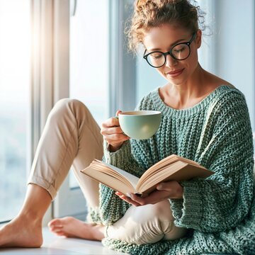 Woman reads a book and drinks coffee while sitting by a window on a sunny afternoon