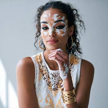 Model poses with cream on her face and hand in a studio setting in daytime