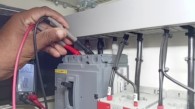 Electrician using digital multimeter probes to check voltage between L1 and L2 phases on industrial MCCB breaker inside electrical panel
