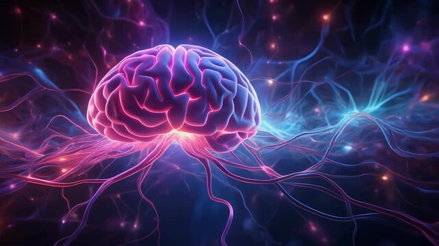 Glowing pink and blue human brain with neural network connections