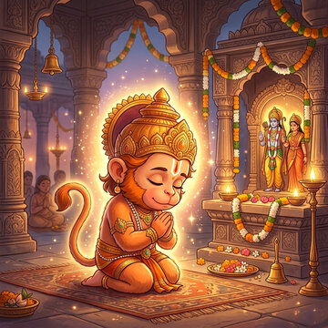Cute Bal Hanuman Praying at Lord Rama Temple Altar
