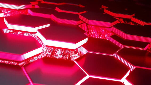 Hexagons Forming an Abstract Dark Digital Surface with Glowing Red Lines Representing Modern Technology and Cybersecurity.