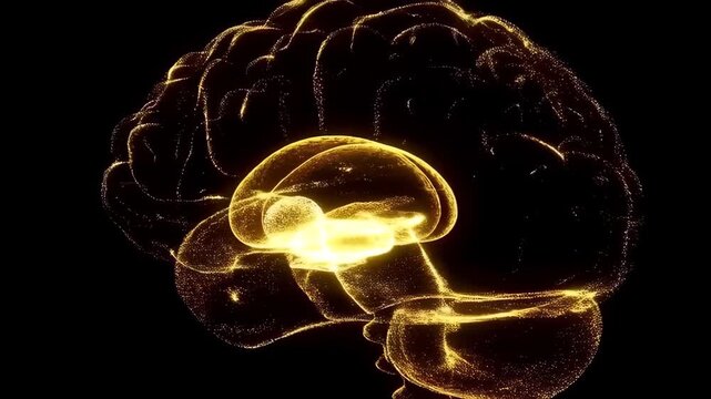 Brain: an Abstract Visualization of a Human Brain in Yellow and Orange Glowing Particle Data, Depicting Complex Neural Activity.