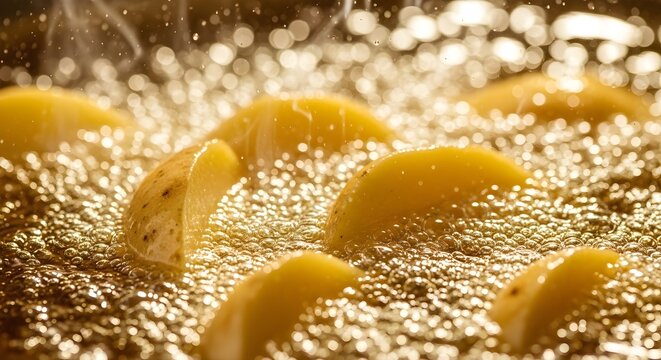 Golden Potato Wedges Frying in Hot Bubbling Oil