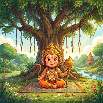 Cute Bal Hanuman Meditating under Giant Banyan Tree
