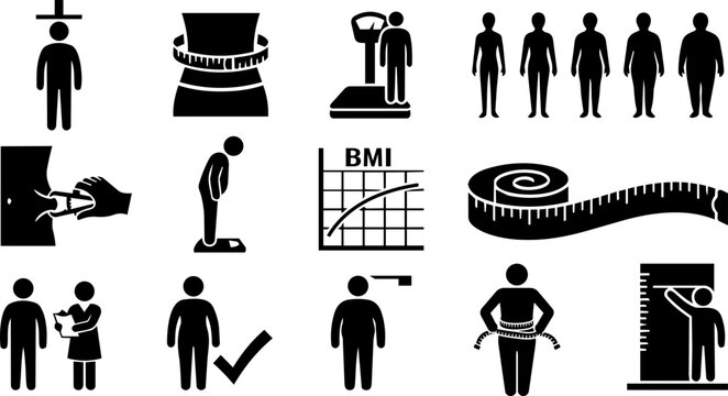 Body Mass Index and Body Measurement Silhouette Icon Set with BMI Assessment and Health Monitoring Symbols